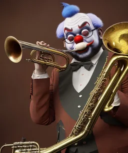 mechanoid old friendly fat clown with trimmed beard playing jazz with a steampunk theme, trumpet, salvador dali