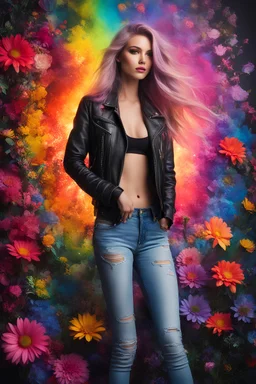 Gorgeous Realistic Photography Super Model European Beautiful young woman,hair colors rainbows as Rocker with clothing abstracts flowers luxury casual leather jacket and levis jeans dressing painting art neons rainbow colors glowing in the dark and colorful details, light leaks boleh colors,flowers background