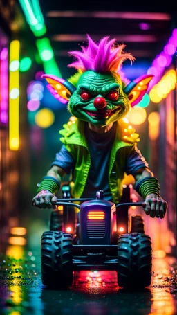 portrait of lizardman clown Hairy Gremlin myth buster pimp ninja yoga cyber punk in flying hipster lawn tractor parked in dark neon lit reflective wet arcade hall tunnel,bokeh like f/0.8, tilt-shift lens 8k, high detail, smooth render, down-light, unreal engine, prize winning