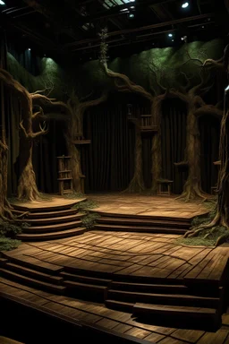 an immersive set design for the stage musical into the woods. woodchips on the stage floor, a swing down stage left and foliage everywhere. a backdrop of a forest to be at the back. needs to be a platform at two levels upstage - higher on the sides going down lower in the middle. upstage centre needs to be a tree covered tower with an opening in the middle.