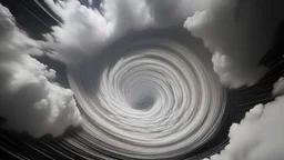 A huge distorted white vortex sways in the center of a place covered with rain clouds