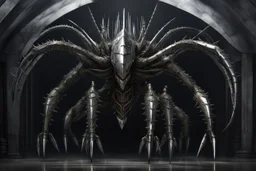 A roughly humanoid entity three meters in height, with a carapace made entirely of a metal resembling chrome steel. It has four arms, with the lower pair being slightly shorter than the upper pair, and four hands tipped with scalpel-like fingerblades. Its body is covered with an array of blades and thorns, including a large curved thorn on its chest, a curving blade on its forehead, another higher up on its head, and rosettes of thorns around its limb joints.