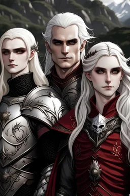 Show me Aegon and his two sisters: Visenya and Rhaenys. All 3 have Silver-golden hair, lilac eyes and red and black armour on.