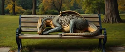 master oil painting by Rembrandt, flat dragon person sleeping on a bench in the park