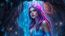 A fantasy digital painting of a goddess-like beautiful woman under a glowing, bioluminescent waterfall. The magical, blue and purple water flows over her head as if blessing her. She has long flowing hair and an ethereal, powerful expression. The surrounding cave is filled with glowing crystals and magical flora. Epic composition, dramatic lighting, vibrant colors, highly detailed.