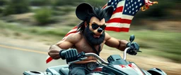 hi speed bad ass cyber punk masculine realistic mickey mouse rambo humanoid with hairy arms and chest, on quad, motion blurred background, holding american flag