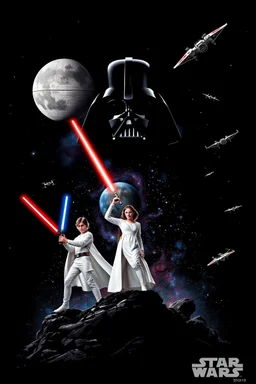 black background onto which the outline of darth vader standing filled with stars nebula and the Death Star is large within, in front in poses from the original star wars posters is Luke Skywalker with lightsaber and Princess Leia Organa with laser pistol both in white clothing atop crumbling stone, the millenium falcon and x-wing fighters and tie-fighters flying among the stars, do not show darth vader's face