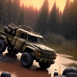 stylized hyperrealistic shot, muddy aggressive military toy truck, monotone color palette, sharp focus, puddle reflection, tire water splash, refraction, sunset, rocky terrain with huge boulders, detailed and intricate, cinematic composition, micro, tilt shift photography, unreal engine 5, octane render, 8k, cinematic lighting