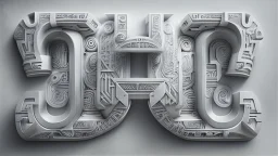 futuristic, realistic, techno, mayan lettering on milky white metal