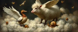 heavenly fluffy elevated messed up woodland duck cow snail and ad & d monster creatures flock painted by Nerdrum and Rembrandt