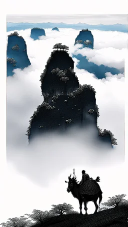 surrounded by clouds, the world “ SAMARRAI “ is carved on the mountain cliff face climbs up and disappears into the mist. the fog settles over the valley and off to the sides, creating a sense of height and mystery