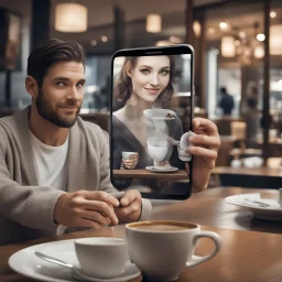 a man is sitting at a restaurant table, a cup of coffee is in front of him, he holds his phone screen towards him behind the cup, on the screen is a picture of a woman dressed in serving clothes, she extends her arm out of the phone screen, 3d, with a pot of coffee, the coffee poured into the man's cup standing in front of the phone