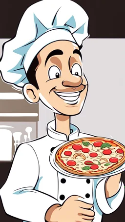 A design of a chef holding A plate of pizza his hand in a professional manner, without the background, He smiles and closes one of his eyes, cute cartoon ,Only his upper body is shown