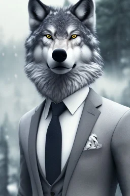 Anthropomorphic wolf in a hyper-realistic 8K suit and tie