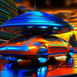 award winning car and driver digital 64k photorealistic image of a futuristic UFO station wagon designed by an unknown alien civilization, only one vehicle per image painted metallic orange traveling at a high rate of speed,the rear with bright blue flame, bilaterally symetrical