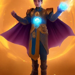 A 25 years boy persian in matte black robes with flaming eyes with grin with flaming light blue pupils stands atop a squire Two infinity gauntlets contain six infinity stones, one of which is made with nano In the hands of a powerful man walking While standing on a majestic height from afar With two big wings