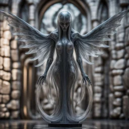 giger escher illithid angel sculpture in transparent murano glass in front of stone wall,bokeh like f/0.8, tilt-shift lens 8k, high detail, smooth render, down-light, unreal engine,bokeh like f/0.8, tilt-shift lens 8k, high detail, smooth render, down-light, unreal engine