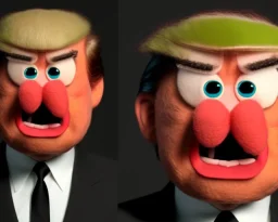 Angry muppet trump, round nose, in suit, eyebrows, spray tan mad