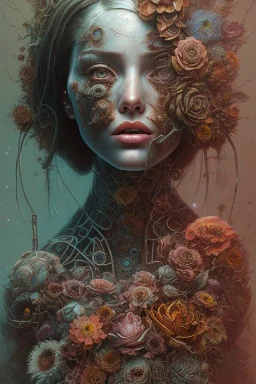 an abstract painting of rusted metal and flowers, by Anna Dittmann and Dan Mumford, rust, scaffolding, iron cladding, decay, mixed media, textured, anatomically correct, beautiful perfect face, sharp focus, highly detailed