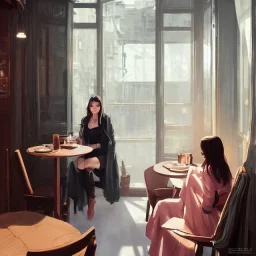 8k 4d photo realistic Highly detailed portrait of stunningly beautiful woman, sitting inside a cozy cafe, Atey Ghailan, by Loish, by Bryan Lee O'Malley, by Cliff Chiang, by Greg Rutkowski, inspired by image comics, potrait illustration,