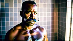 portrait photo of stocky marocan with moustache 40 years old under the shower, manly chest, big tights, in a old bathroom, misery and poverty, photorealism, 35mm lens, ultra detailed