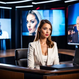 amodern tv studio a beautiful girl perfect face sitting next to desk in talk show looking at camera, with picture of an old man in tv screen at background