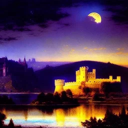 Drawing of 'Medieval Romanian Castle',mountain,lake,full moon, by gaston bussiere, greg rutkowski, yoji shinkawa, yoshitaka amano, tsutomu nihei, donato giancola, tim hildebrandt, oil on canvas, cinematic composition, extreme detail,fit full head inside picture,16k