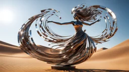 dancing sculpture of a wind-blown lady made of scrap metal and glass in the desert; masterpiece, 8K photo, amazing reflections, wonderful textures, perfect skin, circular swoosh, dynamic, cinematic, dramatic, cam in motion, swirl dynamics, deep low angle, Katsuhiro Otomo style, summer heat, bright tone, sharp shadows, ultra detailed, extremely intricate, immersed in motion