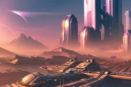 cyberpunk city, sunny day, valley, mountains, sci-fi, epic