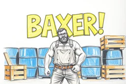 a drawing with sketch lead pencil, The word "BAXER" in yellow floating like a big sign, strong painting, strong expression, BAXER!, BAXER! the word Baxer, WOODEN CRATES AND BLUE BARRELS, A WORKING MAN (no beard and he have glasses) STANDS THERE WITH VERY BIG STRONG MUSCLES and the word BAXER is pulsating