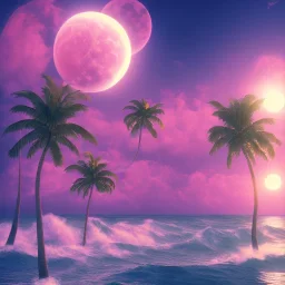 1980's vaporwave aesthetic palm trees with lightning with lunar eclipse in the ocean waves sunset