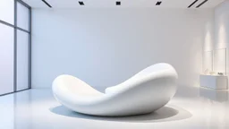 Mueble escultórico tipo sillón lounge de una sola pieza, geometría fluida continua, curvas orgánicas blancas brillantes, sin ángulos rectos, apariencia de superficie moldeada por viento, interior minimalista de galería, iluminación suave difusa, estética de arquitectura paramétrica de alta gama