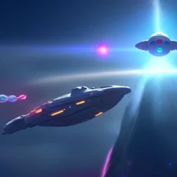  Spaceship with a logo saying MaxCorp Flying through a galaxy surrounded by an asteroid belt