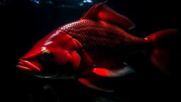 A large, vibrant red fish with prominent scales and fins swimming in a dark, mysterious underwater environment