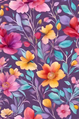 large floral branch with pink, purple, yellow,red, turquoise water color seamless pattern purple background