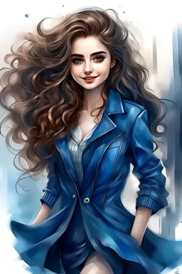 full person,sweet beautiful girl. beautiful long curly wavy hair, smiling, big gray eyes looking at you, fashion model, blue dress, leather jacket, high black shoe with laces, walking, digital painting, watercolors