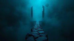 A surreal, dark and cold abstract artwork dominated by deep blue, icy cyan, charcoal black and muted steel-grey tones. An thin narrow passageway emerges from an abstract distorted weird landscape, surrounded by thick atmospheric fog and drifting mist. The space feels dreamlike, alien and unsettling, with fragmented floating geometric forms, black onix architectural fragments and unnatural perspectives. At the center of the composition visible cracked stone way over abyss