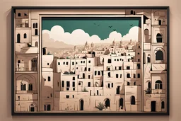 make an illustration of the beautiful old city of Palestine in a frame on a wall of a bombed home in the style of Malika Favre