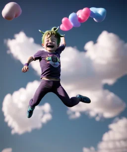 Ultra realistic clouds sky scene, wide angle, medium shot view, portrait, sweet Child, free jumping flying, trinkets, hair monster, jelly beans, balls, smile, happy, Peter Pan style, inflatable color clothing, extreme, wind, clouds sea, 20,000 feet altitude, stratosphere, soft color, highly detailed, unreal engine 5, ray tracing, RTX, lumen lighting, ultra detail, volumetric lighting, 3d, finely drawn, high definition, high resolution.