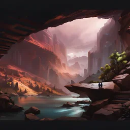 inside a cyberpunk outpost, windows reveal cliffs and a stormy river rapids below, nighttime storms
