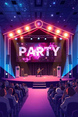 poster for a party with anime music videos galaxy theme stage with big screen