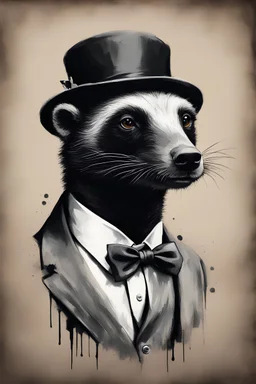 nomadic gentelman honey badger banksy style more detail to face portrait with hat & bow tie