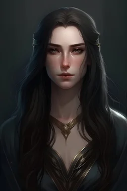 portrait of a 25 year old female antagonist, she is beautiful and has long dark hair, her appearance is like a greek goddess