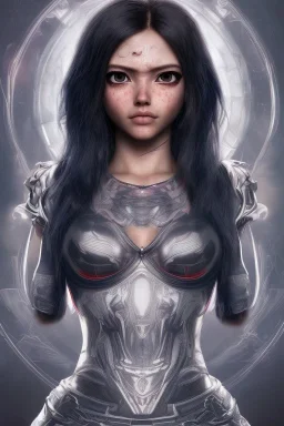 Alita battle angel, futuristic fantasy assassin character, portrait from waist up, intricate eyeliner, vibrant eyeshadow, clear completion, soft lighting, 4k resolution, intricate details, insanely detailed, white tank top, vibrant Japanese style tattoo sleeve, colorful cityscape background, masterpiece, expert, cinematic smooth, retroanime style, realistic details
