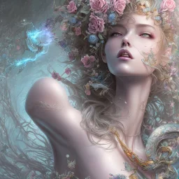 fantasy magic, intricate, sharp focus, illustration, highly detailed, digital painting, concept art, artgerm and paul lewin and kehinde wiley, masterpiece sexy lips with smile Asian lady body flowers head silver bright rain lady outer space pretty, pink blue