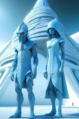 A standing Alien man and woman in the form of an ice-blue reptilian. Standing in an earth futuristic Pyramid City