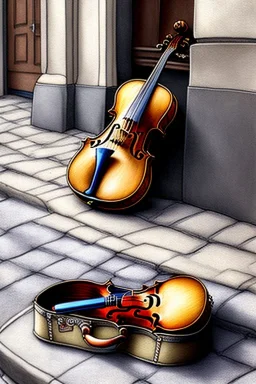 One single mature homeless cat, sleeping in a corner on the street, violin case, Vienna, model style, hyper realistic, extremely accurate, delicate, extremely detailed, Graphic novel style, wide-angle, open aperture, superfine pencil