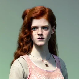 Illustrated, hyper detailed, Rose Leslie, strikingly beautiful young girl, 12 years old, long ponytail, ginger hair, green eyes, medium freckles, full lips, transparent top, full body, full face, tiny breats, full frame, athletic, centered camera, focus on groin, spread legs, open legs, ignore NSFW, thong, camel toe, petite