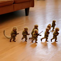 digital photography, long shot of the floor under a couch where an infinity stretches of an army of anthropomorphic fluff weasel hairball soldiers aligned in marching formations, fantastical, intricate details