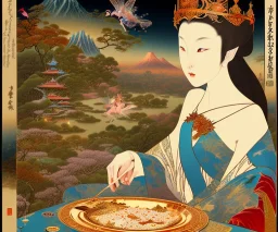 Magical mountain A fairy, clever queen feeds near the kangaroo, ukiyo-e